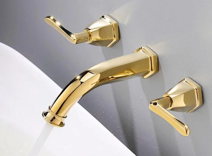 Gold Brass Wall Mounted Basin Faucet Two Handle Bathroom Mixer Tap Hot and Cold Faucet BF676