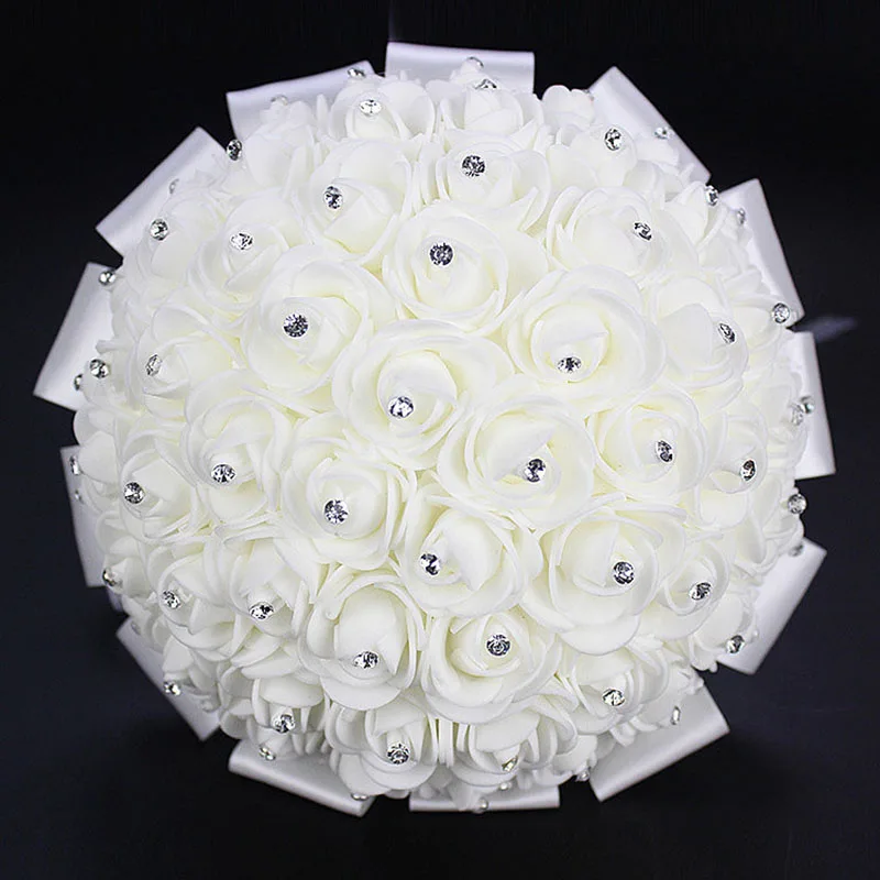 YO CHO Wedding Bouquet Roses Artificial Flowers White Wedding Bridesmaids Bridal Bouquets Rhinestone Marriage Supplies Bouquets