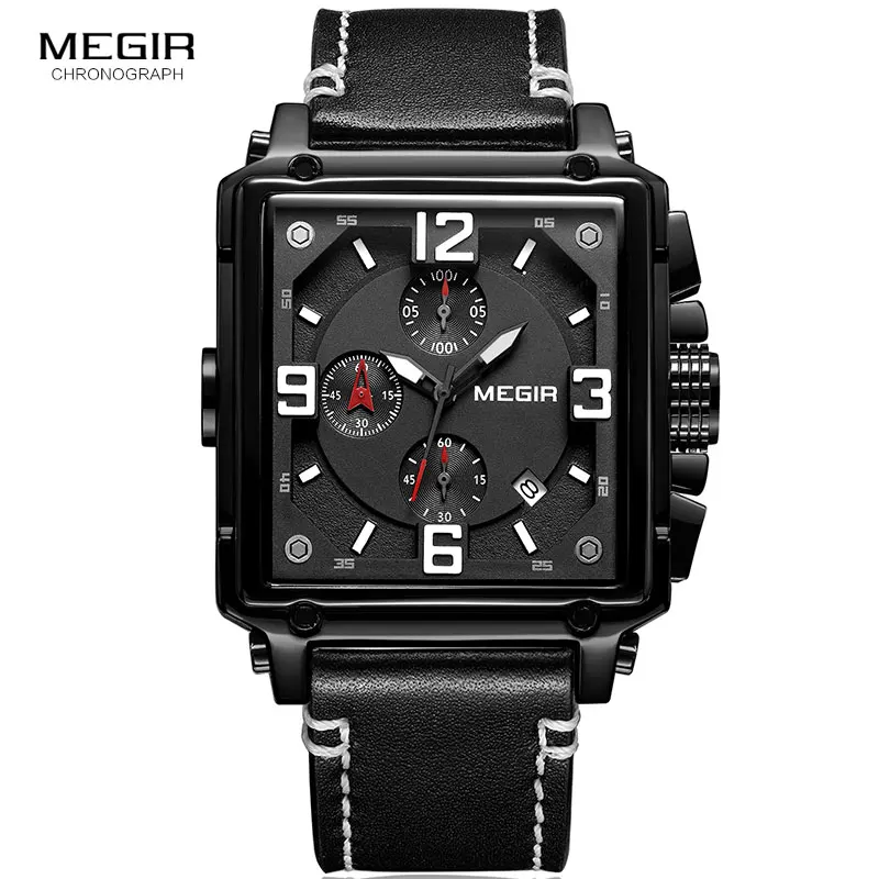 MEGIR Men\'s Sports Chronograph Wrist Watch for Men Army Leather Square Quartz Stop Watch Clock Man Relogios Masculino 2061Black