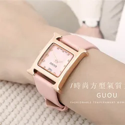 Fashion Guou Brand Leather Or Rose Gold Stee Women's Girl Gift Watches Square Simple Casual Quartz Water Resistant Wristwatches