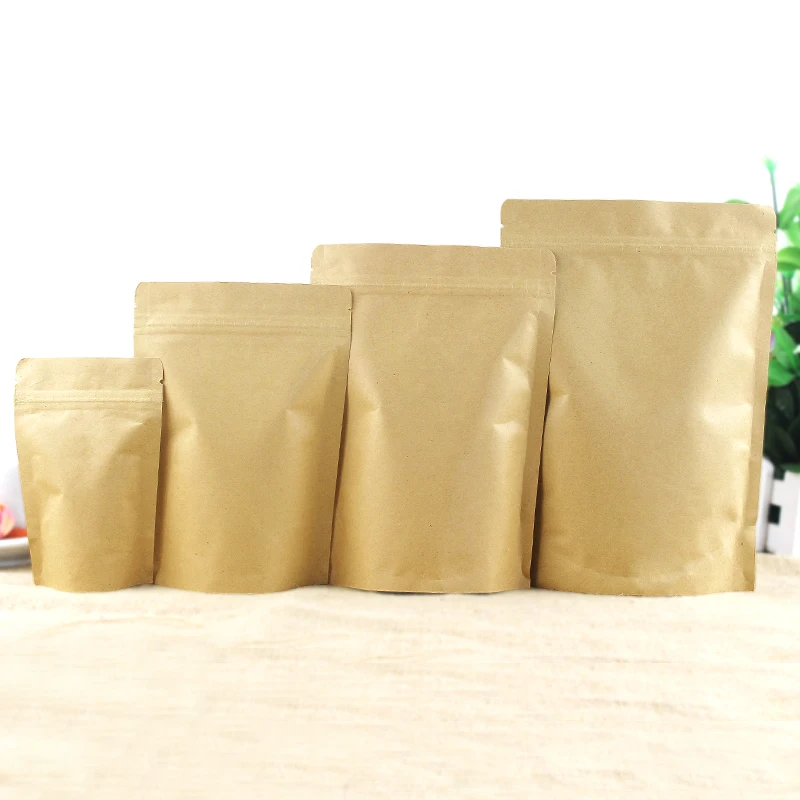 50PCS Stand up Kraft Paper+Foil Inlay Zipper Storage Bag High Barrier Powder Nuts Coffee Tea Spice Candy Heat Sealing Pouches