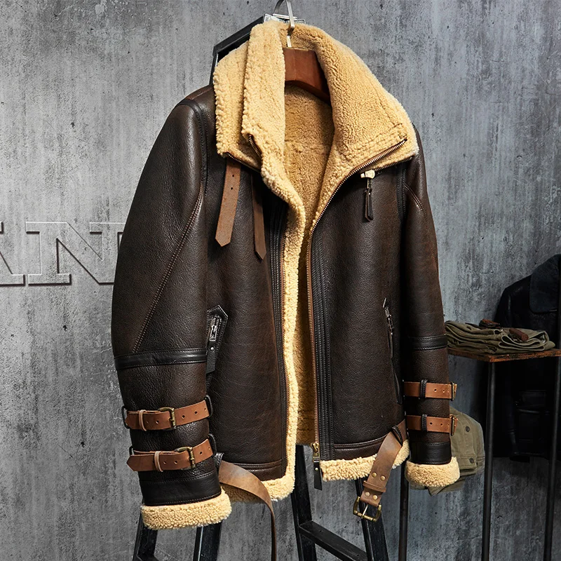 Denny&Dora Mens Shearling Jacket B3 Flight Jacket Imported Wool From Australia Short Leather Jacket Mans Fur Coat