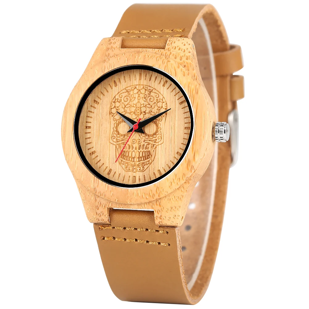 Men's Creative Skeleton Skull Design Bamboo Watch Premium Brown Hook buckle Strap Bamboo Watch Natural Quartz Bamboo Wristwatch