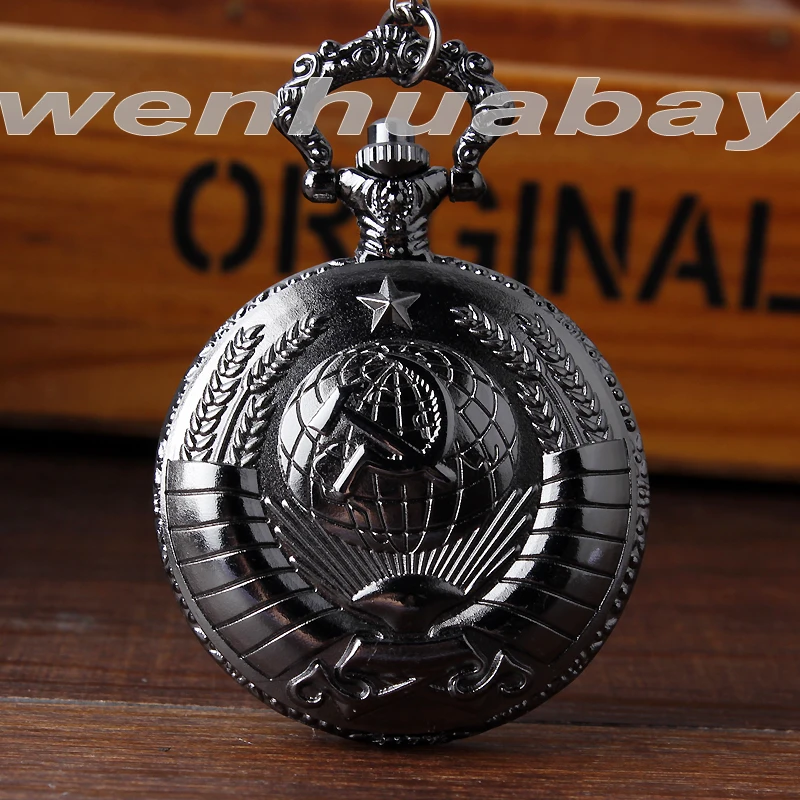 Bronze Retro Silver Black Soviet Sickle Hammer Quartz Pocket Watch Mens Stainless Silver Pendant Necklace Chain Women Men Gifts