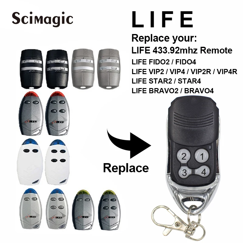 LIFE Garage Door Remote Control LIFE FIDO2 FIDO4 VIP2 VIP4 VIP2R STAR2 VIP4R STAR4 BRAVO2 BRAVO4 433.92MHz Rolling Code Keyfob