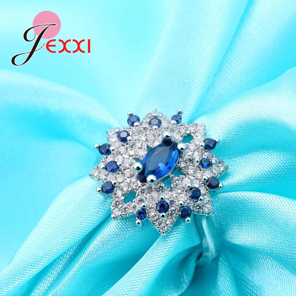 Gorgeous Real 925 Sterling Silver  Woman Finger Ring Blue White Crystal Sun Flower Jewelry For Wedding Party Engagement