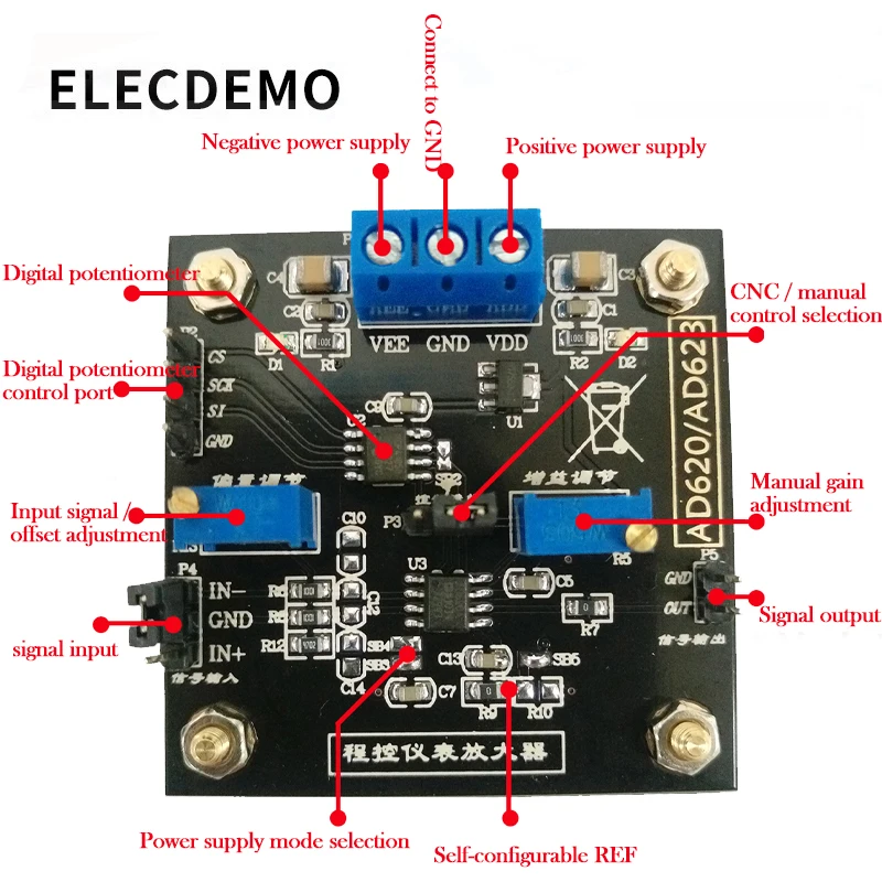 Amplifier-Papan AD623 Modul Instrumentation Amplifier Digital Dikendalikan Potensiometer MCP41100 Programmable Amplifier
