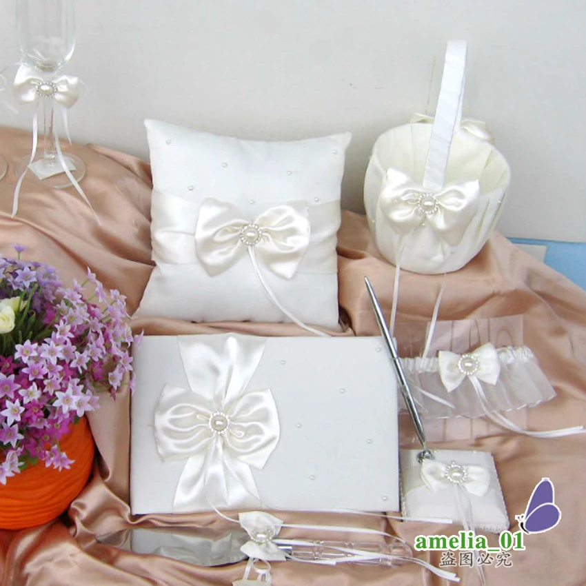 

Beige Satin Wedding Ring Pillow, Flower Basket, Guest Book, Pen Set, Garter Decor, Bridal Product Supplies, 5Pcs Set