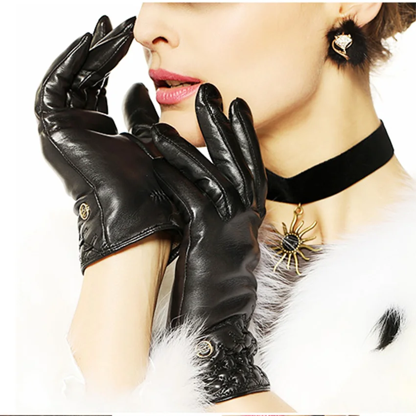 Sale Genuine Leather Gloves Women Top Quality Wrist Goatskin Glove Five Finger Fashion Solid Sheepskin For Driving  EL032PR