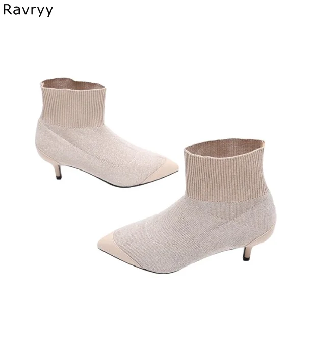 Woman's Ankle Boots Elastic Knitting Woolen Female Short Boot Patchwork Design Thin Heel Pointed Toe Autumn Winter Fashion Shoes