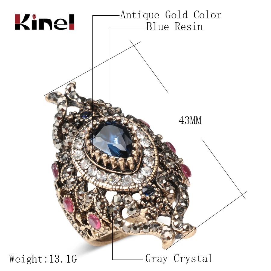 Kinel-anillos turcos de lujo para mujer, joyería de estilo Vintage, diamantes de imitación completos, anillo de flor de cristal azul grande y ancho,