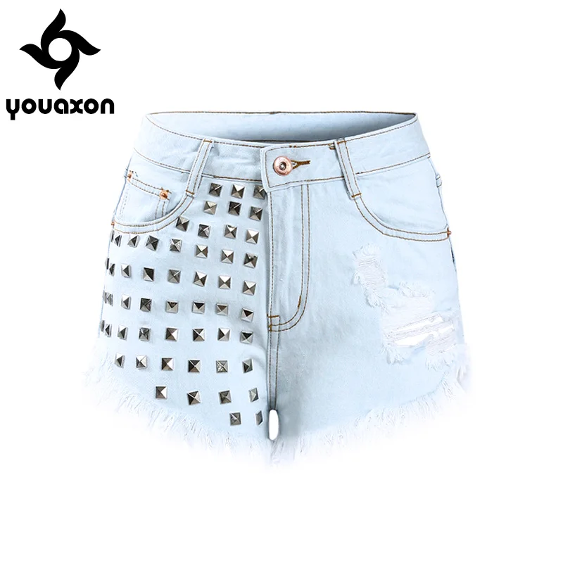 Youaxon-Women's High Waist Ripped Denim Short Shorts, Studded, Sexy, Hot, Metal Rivets Shorts, Free Shipping, 1805