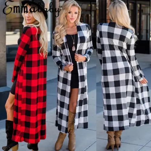 Hirigin Nieuwste Vrouwen Lange Mouwen Waterval Vest Trench Lange Jas Stofdoek Fashion Lady Winter Warm Slim Plaid Pak