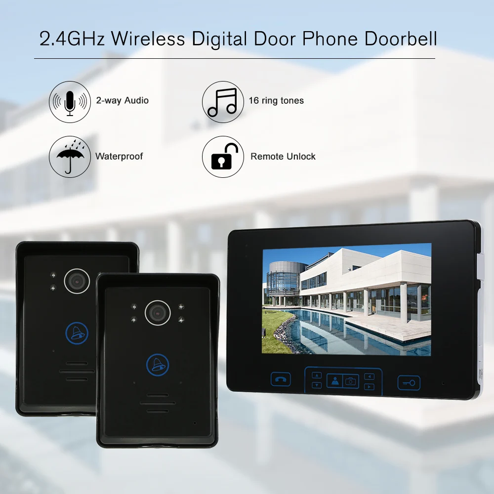 HomeEye 2.4GHz Digital Wireless Video Door Phone Doorbell Intercom Access System Built-in Battery 7''TFT LCD Touch Key Rainproof