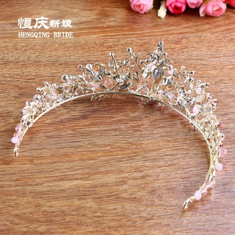 New white pink beads bridal crowns handmade tiara bride headband crystal rhinestone diadem queen crown wedding hair accessories