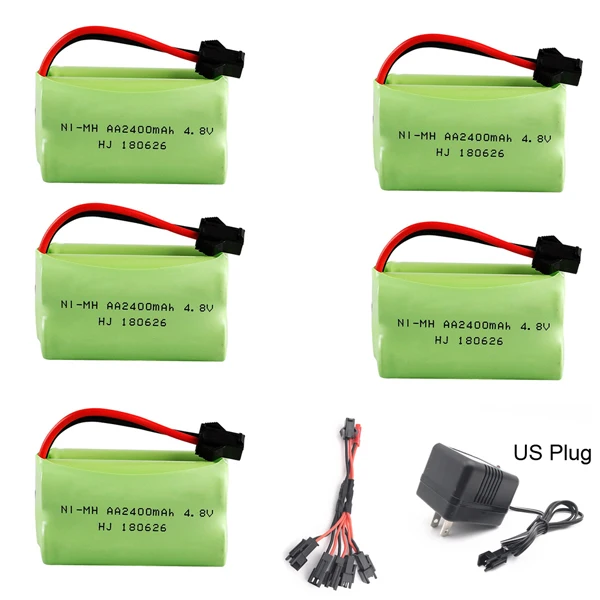 Pacote de bateria aa com carregador, 4.8v 2400mah ni-mh, conjunto de cabo 5 em 1 para rc, carro, barco, robô, brinquedos, tomada sm, alta capacidade, 4.8v, nimh