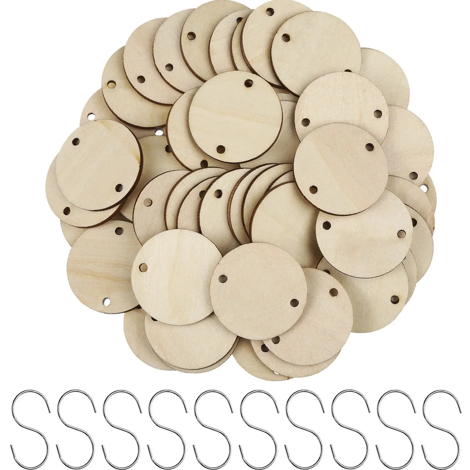 100 Pieces 1.5 Inch Wooden Round Tag with Hole and 50 Pieces Stainless Steel S Shaped Hooks for Family Board Chore DIY