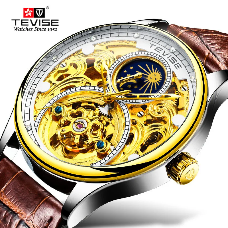 

TEVISE T820A Clock Men Tourbillon Automatic Mechanical Watches Mens Moon Phase Leather Waterproof Wristwatches reloj hombre