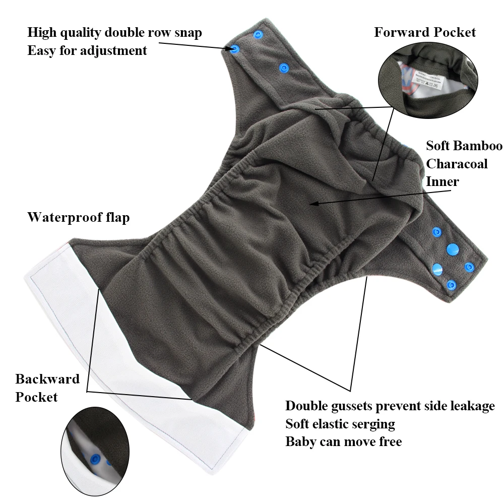 Ohbabyka Double Gussets Baby Nappy All-in-two AI2 Bamboo Charcoal Cloth Diaper Reusable Eco-friendly Diaper New Pocket Diaper