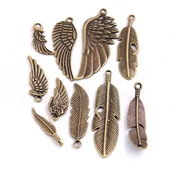 10pcs/lot Vintage Bronze Metal Small Wings & Feather Charms for Jewelry Making Diy Zinc Alloy Mix Wings Feather Pendant