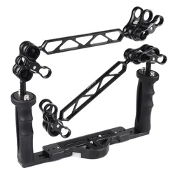 Underwater Diving Dual Handheld Stabilizer Tray Handle Grip Set with 1inch Double Ball Arm and Clamp For waterproof Housings