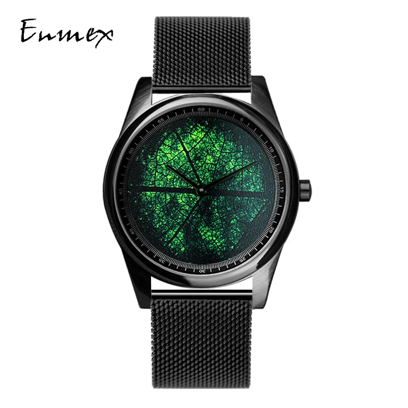 Enmex design wristwatch 3D leaf vein creative design stainless steel Oil Painting face clock fashion quartz clock men watch