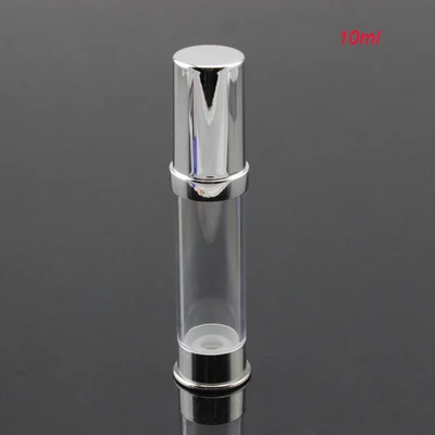 10ML plastic airless bottle with transparent body and silver top bottom, plastic airless 10ml sample test Refillable Bottles