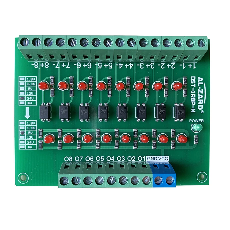 AL-ZARD 8-Channel Optocoupler Isolation Board Module Signal Level Voltage Conversion Board NPN Output 24V 12V 5V 3.3V 1.8V