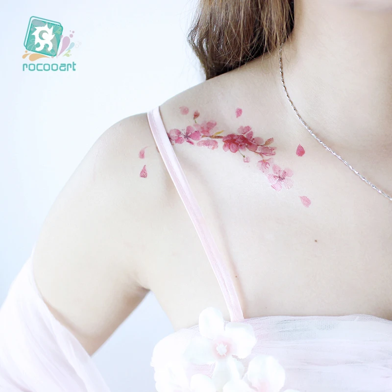 Rocooart Flowers Fake Tattoo Sakura Stickers Chest Taty Waterproof Tatoo Cherry Blossom For Women Tattoo Body Art Taty