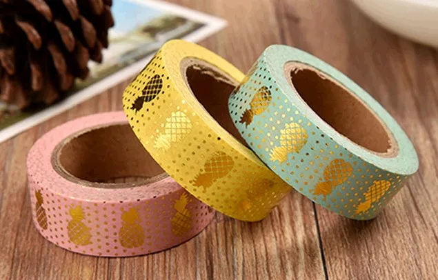 Free Shipping golden foil washi paper  tape/ Green ,Pink or  Yellow background golden pineapple washi  tape/15mm*10m