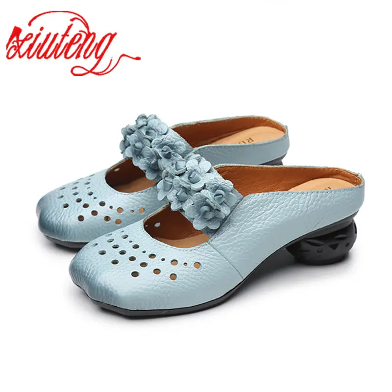 Xiuteng New Genuine Leather Shoes Pure handmade Flat Shoes Women Art Mori Girl Slippers Women fashion Casual Flower Shoes