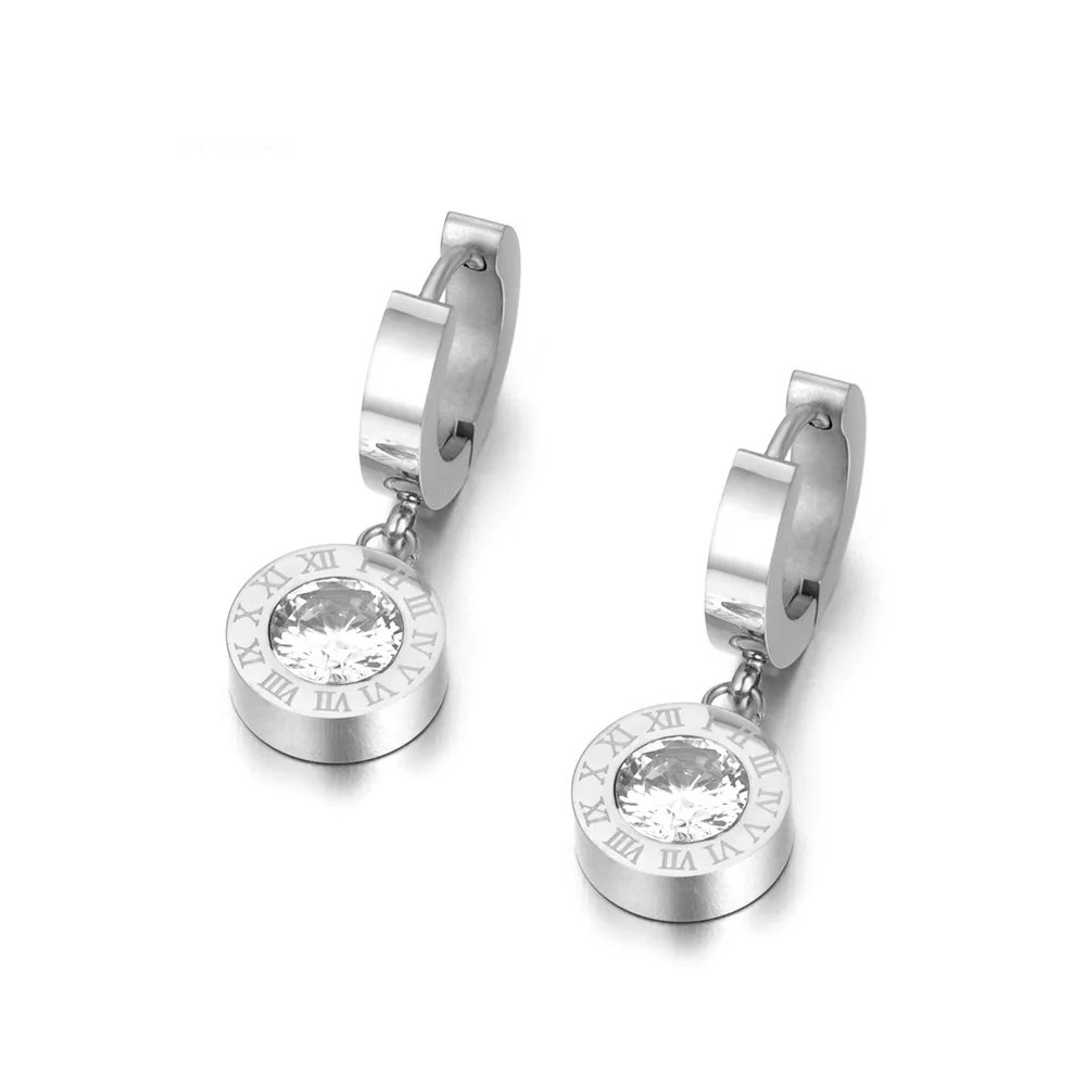 JeeMango Classic Round Roma Number Titanium Steel Hopp Earrings Charming CZ Crystal Wedding Earrings Jewelry For Women JE18041