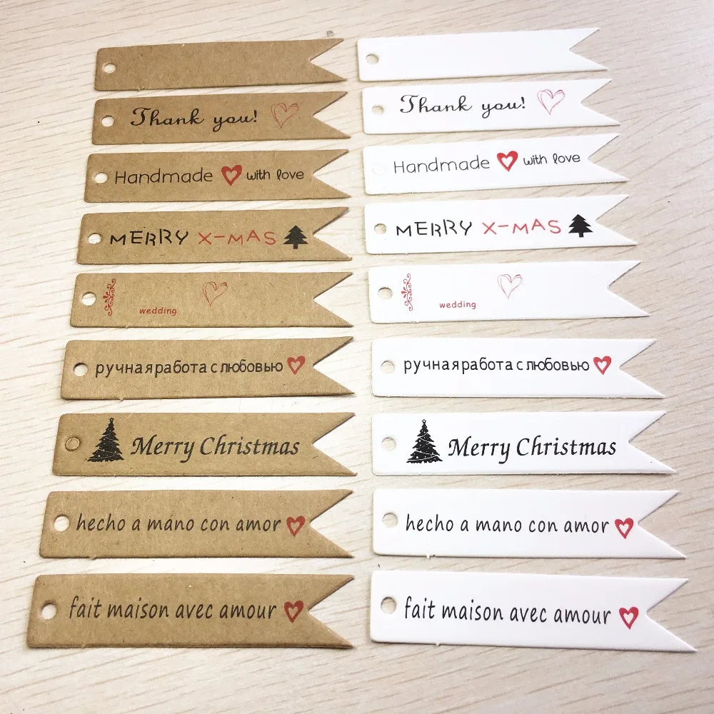 100pcs 7*1.5cm kraft paper thank you/hand made with love  christmas gift  tags for DIY gift box/product packing labels/price tag