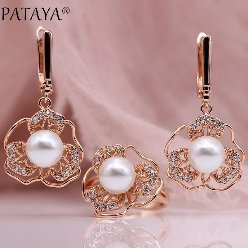 PATAYA New White Shell Pearls Earrings Rings Sets 585 Rose Gold Color Women Fashion Jewelry Set Natural Zircon Hollow Noble