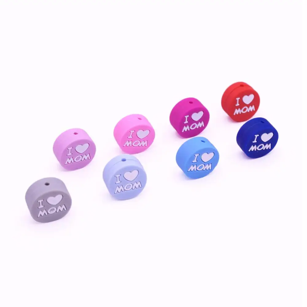 

5pcs Silicone Beads 20mm Flat Round I Love Mom Chewable Teething Beads Necklace Food Grade Nursing Jewelry Toys Baby Teether