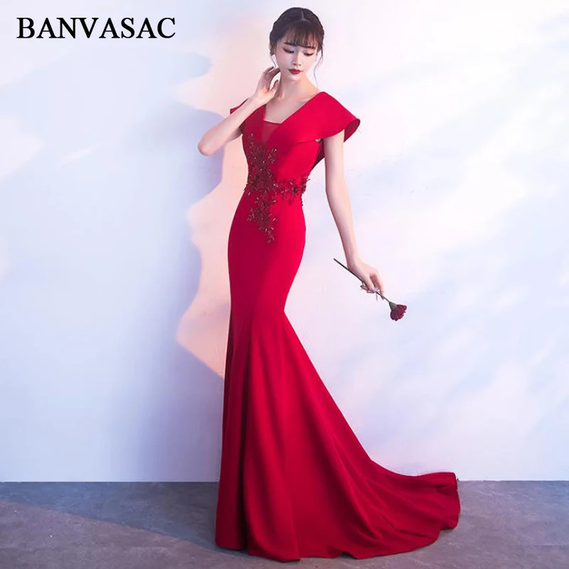 

BANVASAC 2018 V Neck Lace Appliques Sweep Train Mermaid Long Evening Dresses Party Short Cap Sleeve Backless Prom Gowns