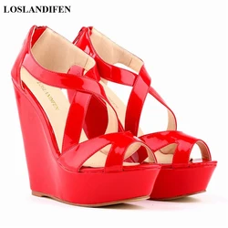 2022 Patent Leather Women's Fashion Platform Wedge Sandals Summer Waterproof Peep Toe Sexy Cross Cut-Outs High Heels Shoes Party