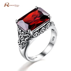 Real Pure 925 Sterling Silver Ring For Men Women Garnet Crystal Stone Ring Vintage Engraved Medieval Pattern Elements Jewelry