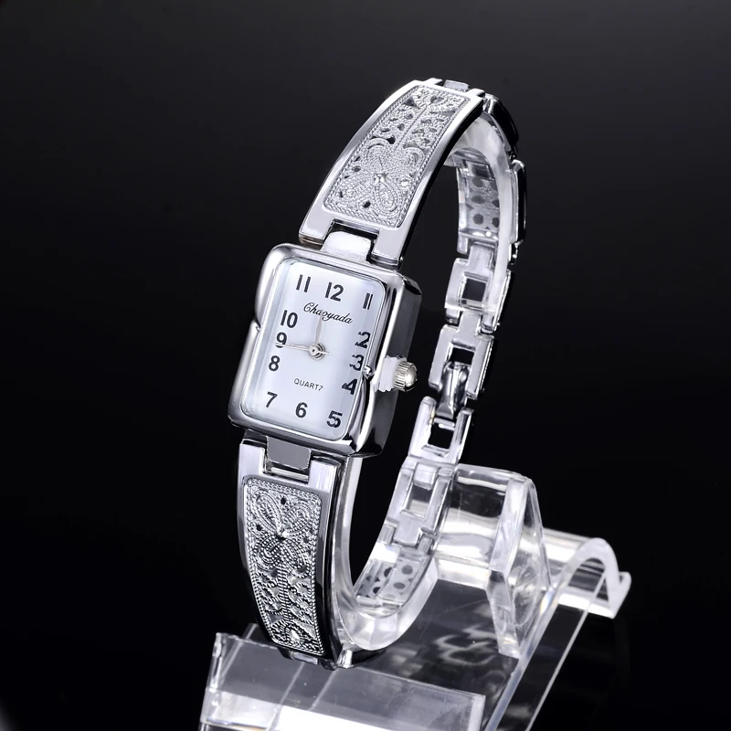 Gold/Silver Women Vintage Luxury Watches Elegant Quartz Fashion Rectangle Dial Watch Carved Pattern Bracelet Casual WristWatches