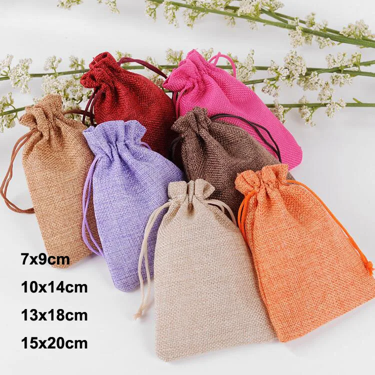 50pcs/lot 7*9, 10*14, 13*18, 15*20 cm Drawstring Burlap Linen Bags For Jewelry Wedding Gift Packaging Pouches Can Customize Logo