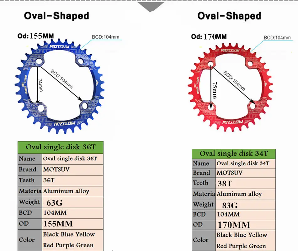 MOTSUV Bicycle Oval Shape Narrow Wide Chainwheel 32T/34T/36T/38T 104BCD Chainring Bike Oval Crankset Single Plate Bicycle Parts