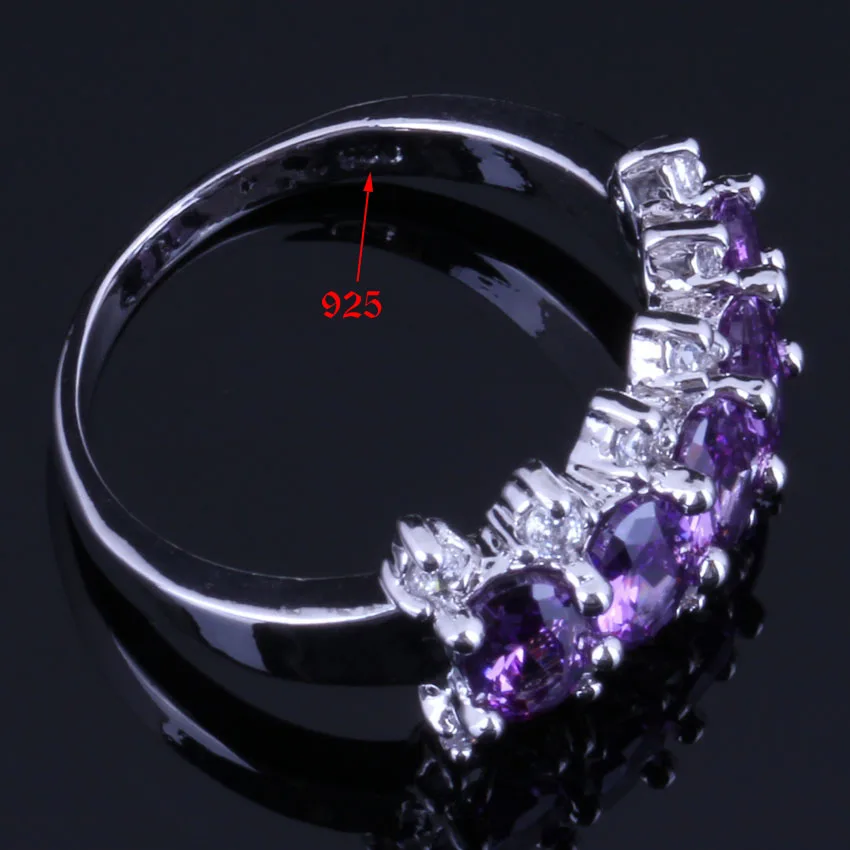 Sweet Purple Cubic Zirconia White CZ Silver Plated Jewelry Sets Earrings Pendant Chain Ring V0299