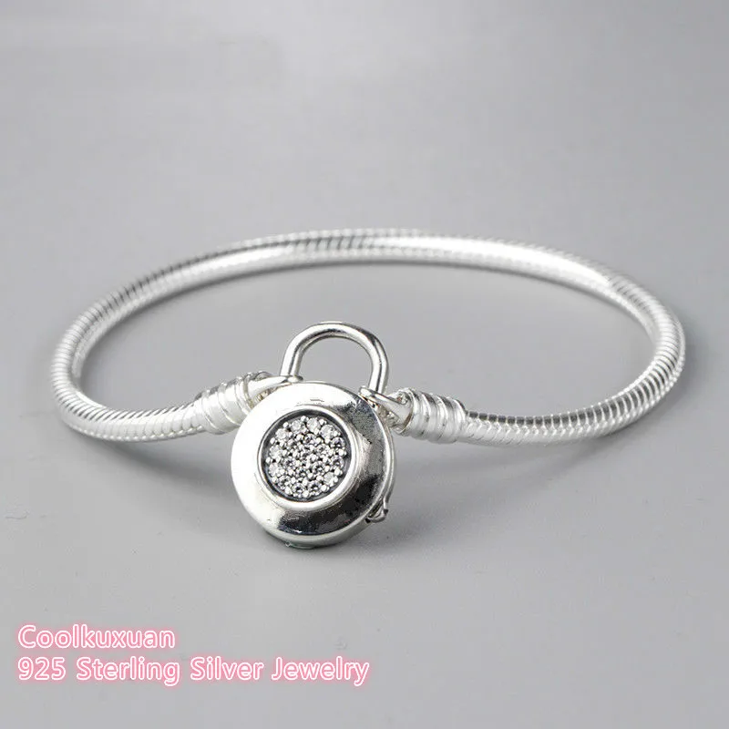 

new Spring S925 Silver Moments Silver Padlock Bracelet With Signature Snake Chain Bracelet , Brand logo pendant