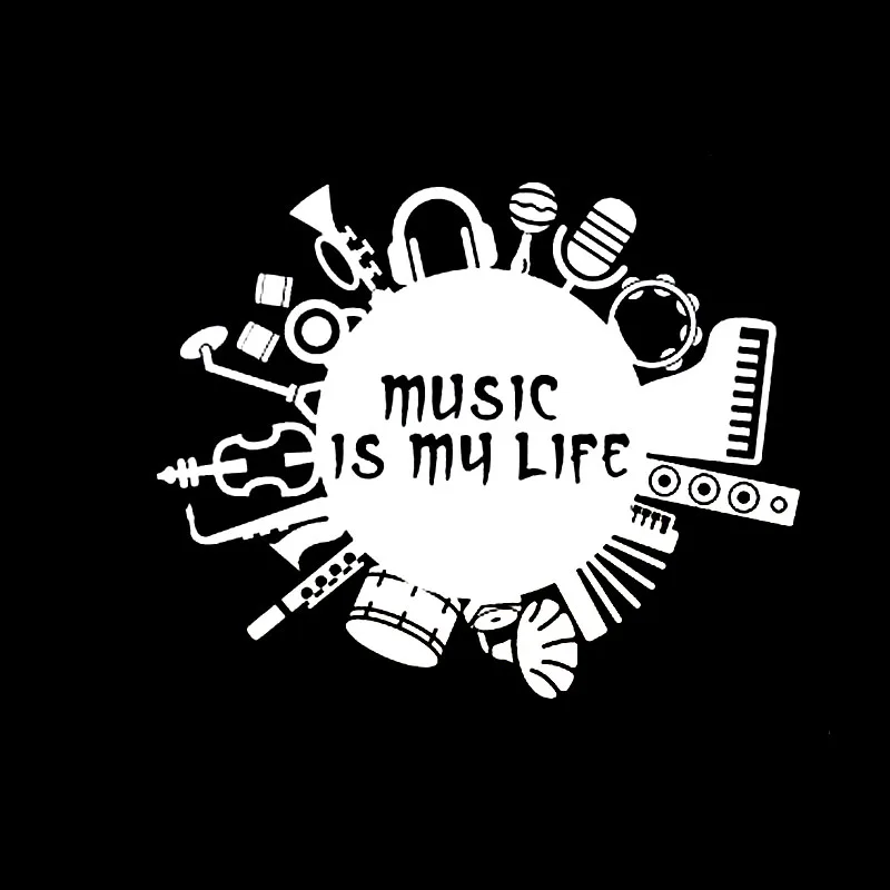 YJZT 15.8CM*12.6CM  Music Is My Life Inscription Guitar Drum Contrabass  Vinyl Black/Silver Car Sticker C22-0782