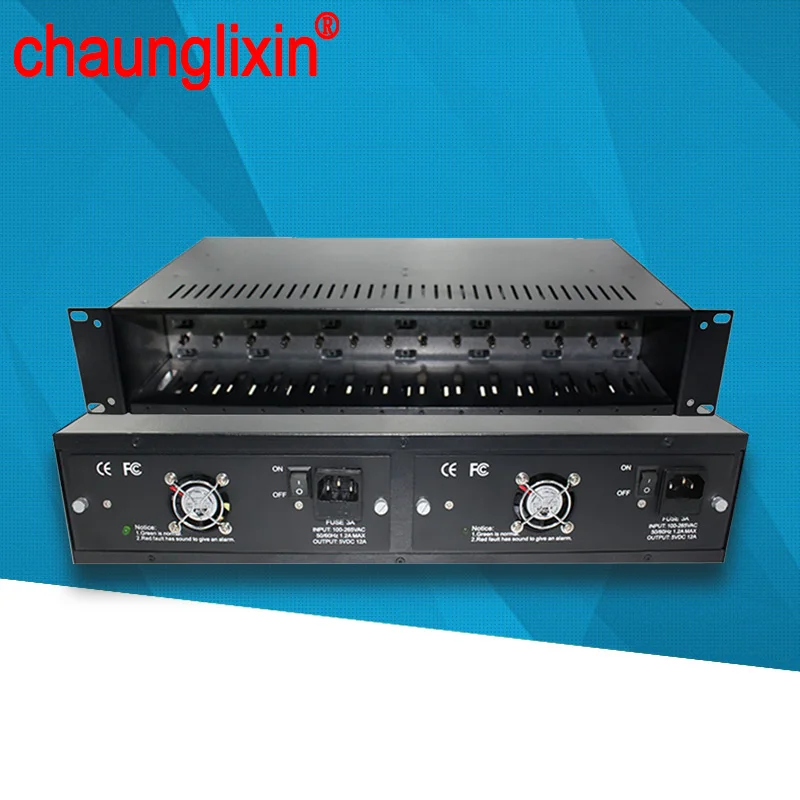 Fiber optical media converter chassis 2.5mm DC 5V power 2U, double power supply, 14 slot