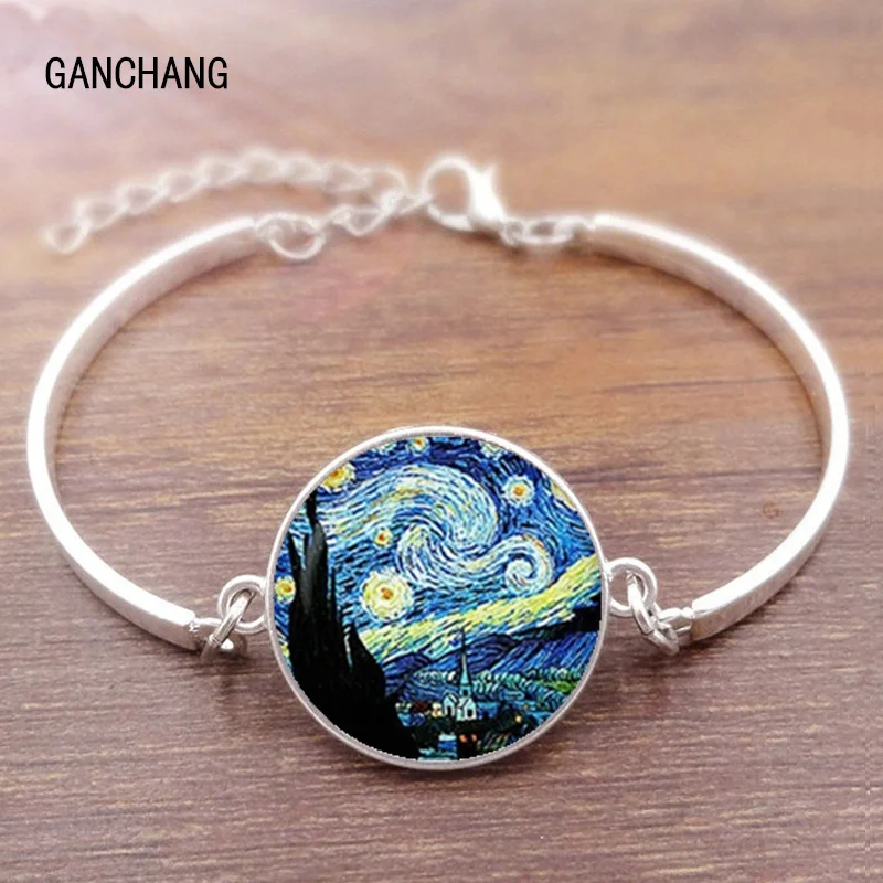 Van Gogh metal bracelet men and women fashion glass convex round dome convex starry night jewelry sunflower fashion gift