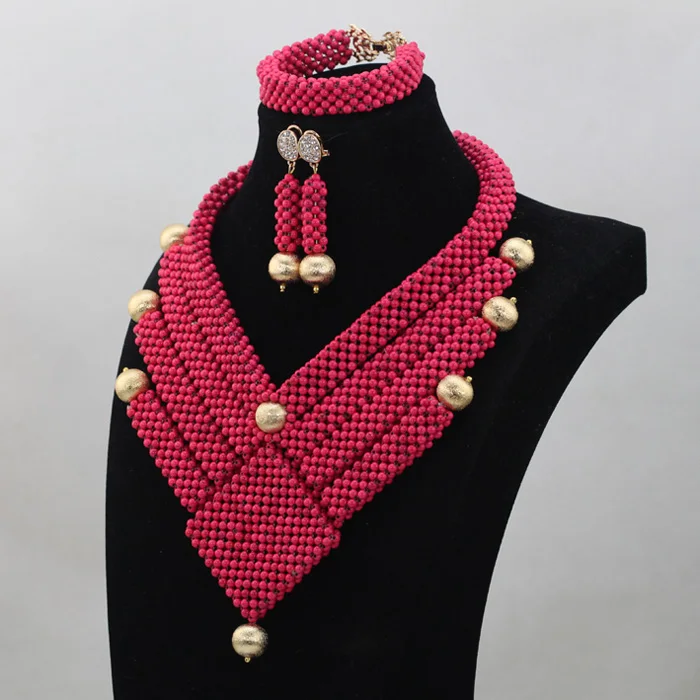 Fuchsia Beads Fushia Pink Trendy African Jewelry Bead Set Unique Design Indian Wedding Beads Jewerly Sets Free ShippingABL976