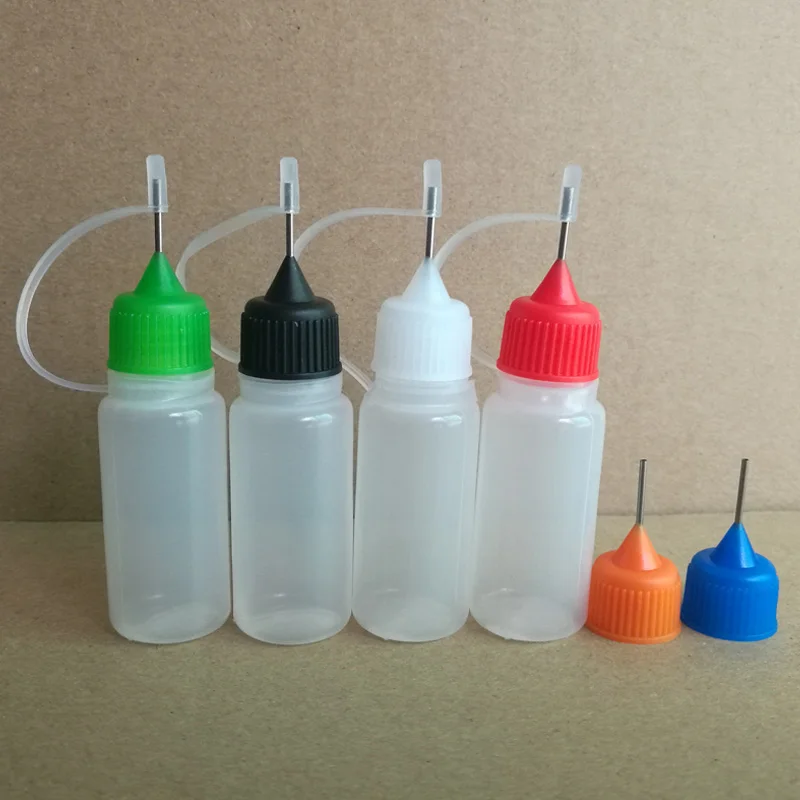 

500pcs 10ml PE Needle Bottle Empty Plastic Dropper Bottles With Coloful Screw Metal Needle Caps, free shipping