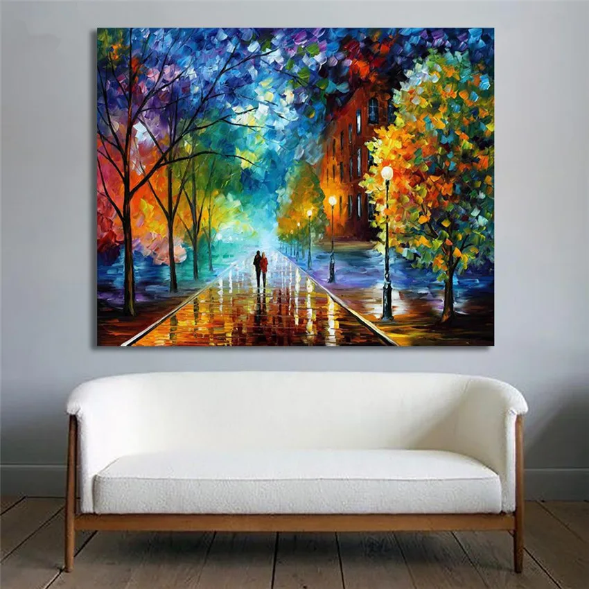 Palette Knife Canvas Wall Art Decor Oil Painting Romantic Walking Lover In the Rain Hand Painted High Quality Reproductions