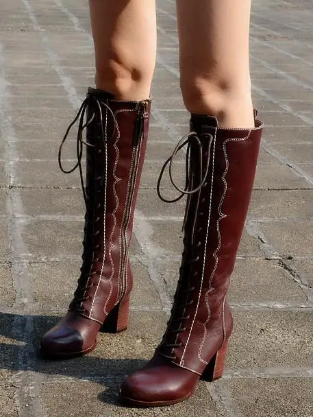 Top New Winter Woman Green/Burgundy Round Toe Genuine Leather Zipper Lace Up Rough Heels Knee High Leather Knight Long Boots